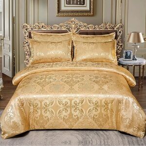 Duvet Cover Set European Luxury Satin Embroidery 3-PCS Bedding Set, Gold, Queen